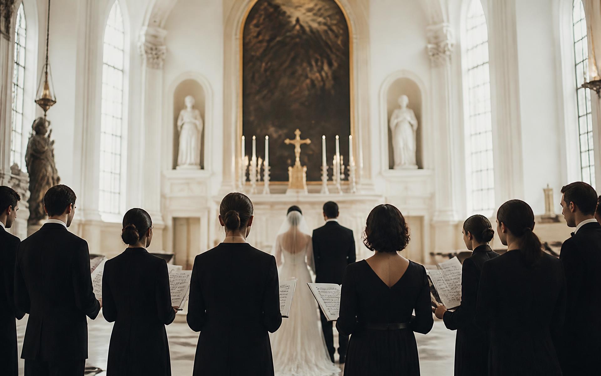 Coro acompañando una ceremonia de matrimonio en una iglesia luminosa